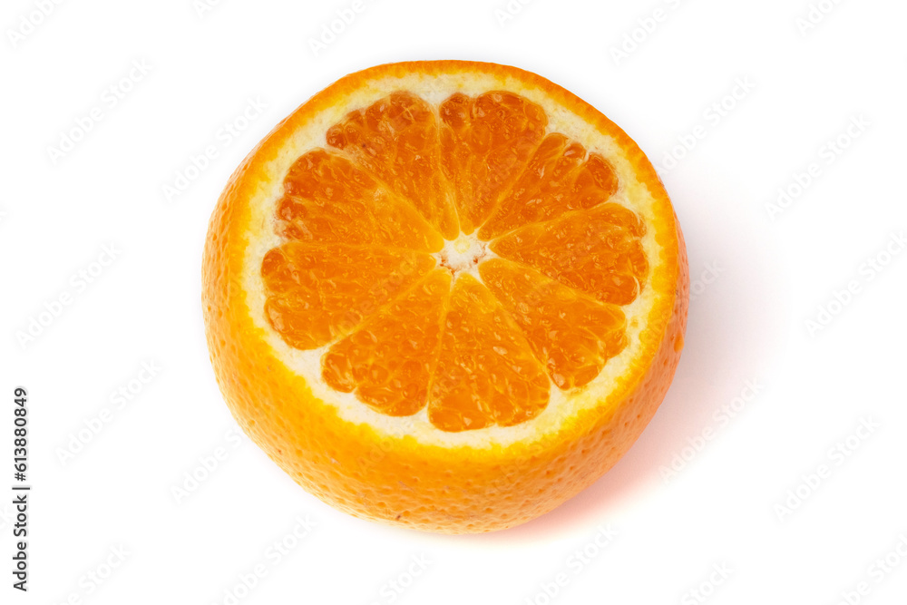 The orange fruit is isolated on a white background with orange slices. The orange fruit is isolated on a white background with orange slices.
