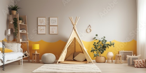 AI Generated. AI Generative. Children bedroom living play room. Cozy decoration wall mock uo with wigwam. Graphic Art