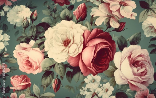 Red and white roses wintage background. AI  Generative AI 
