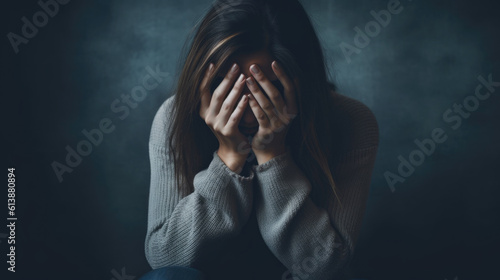 Vulnerable woman at home, experiencing depression and burnout, conveying emotional struggle and mental exhaustion. portrait generative AI.