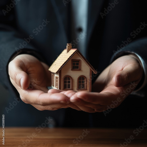 Real estate agent offer house represented by model. Wide banner composition.