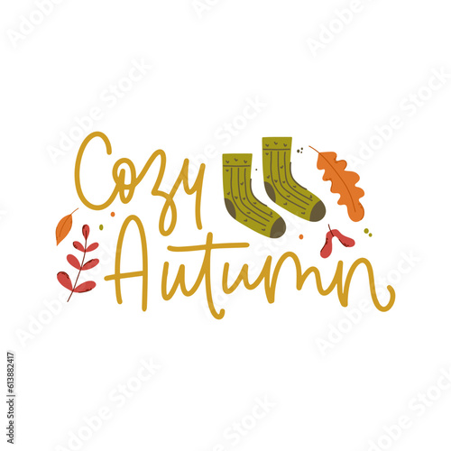 Cozy autumn. Decorative design composition with fall lettering and seasonal elements. Hand drawn word with leaves, branches and berries.