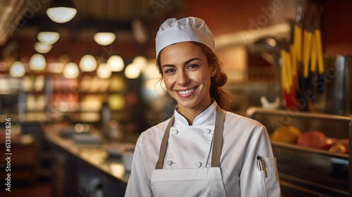 Beaming portrait of a brunette woman chef in a restaurant  radiating culinary passion and joy  creating delightful gastronomic experiences. generative AI.