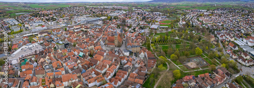 Aerial around the old town Crailsheim in Germany on a sunny day in spring	 photo