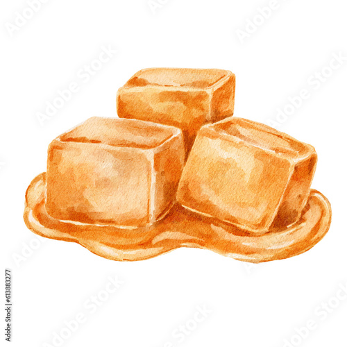 Melting caramel cubes food illustration.