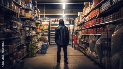 A stealthy thief, seen from behind, navigates a store, ready to commit a clandestine act. generative AI. photo