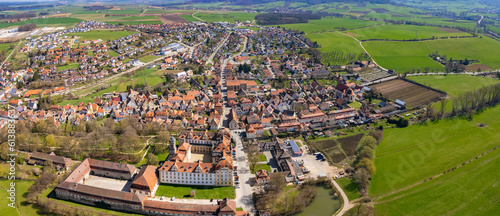Aerial view around the old town of the city Ellingen on an early spring day	