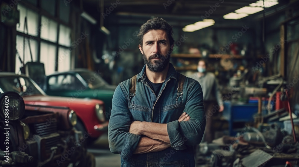 A focused man in his workshop, surrounded by tools and machinery, embodying craftsmanship and dedication. Mastering Machines generative AI. A focused man in his workshop, surrounded by tools and machinery, embodying craftsmanship and dedication. Mastering Machines generative AI.