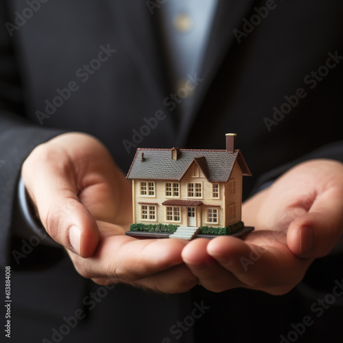 Real estate agent offer house represented by model. Wide banner composition.