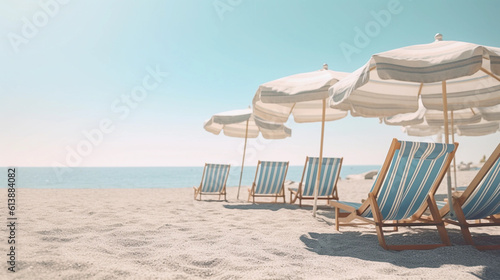 summer beach vacation - holiday on a sunny beach with beach loungers on the mediterranean coast