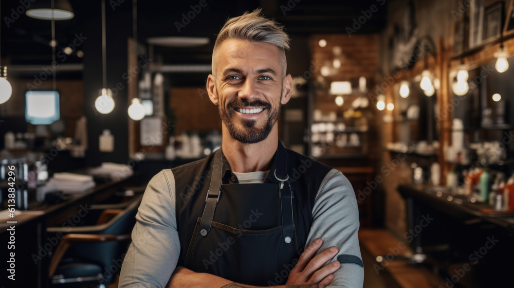 A friendly happy barber man with a warm smile radiates charm and professionalism in his well-kept barbershop. generative AI. A friendly happy barber man with a warm smile radiates charm and professionalism in his well-kept barbershop. generative AI.