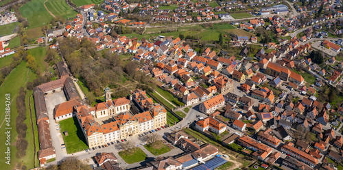 aerial view of the city Ellingen on a sunny day in early spring.