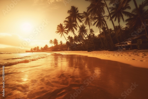 ocean beach sky palm sunrise sunset sea sun island landscape. Generative AI.