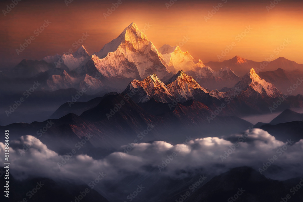 View of the Himalayas during a foggy sunset night - Mt Everest visible through the fog with dramatic and beautiful lighting. Image ai generate