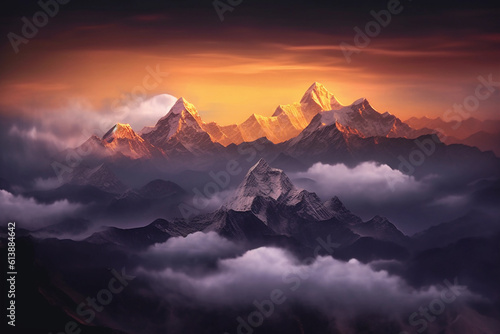 View of the Himalayas during a foggy sunset night - Mt Everest visible through the fog with dramatic and beautiful lighting. Image ai generate