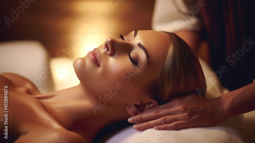 A blissful woman indulges in a rejuvenating facial massage at a tranquil spa, experiencing pure relaxation and serenity. master generative AI.