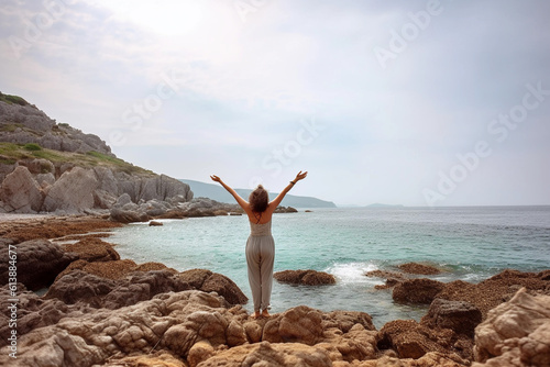 woman with arms outstretched enjoying on the beach.Image ai generate