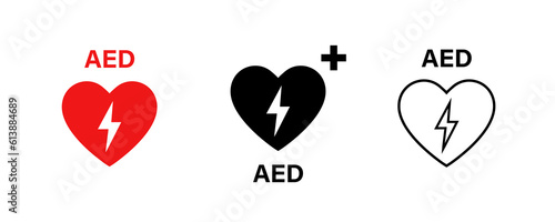 AED icon. Heart  electricity icon. CPR AED icon. Aid emergency