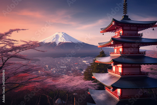 Fujiyoshida, Japan Beautiful view of mountain Fuji and Chureito pagoda at sunset, japan in the spring with cherry blossoms.Image ai generate