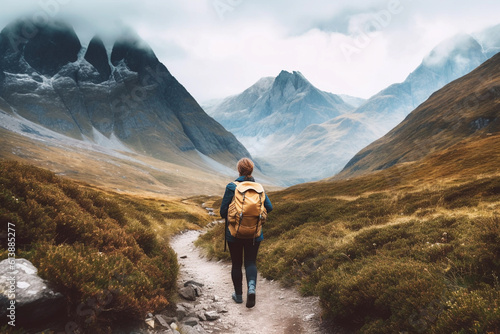 Photographie Hiker walking to mountains.Image ai generate