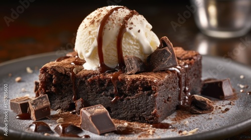 chocolate brownie topped with a scoop of ice cream