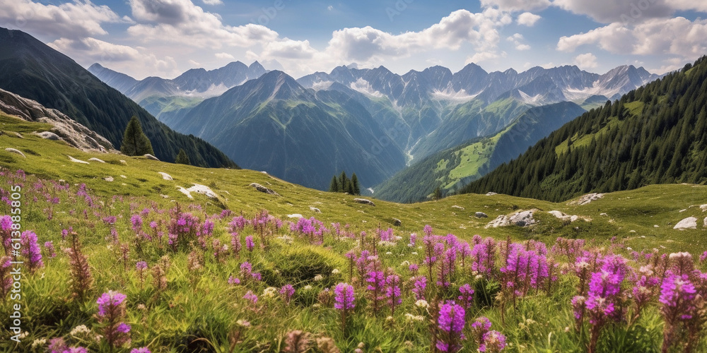 Idyllic mountain landscape in the Alps with blooming meadows in springtime.Image ai generate