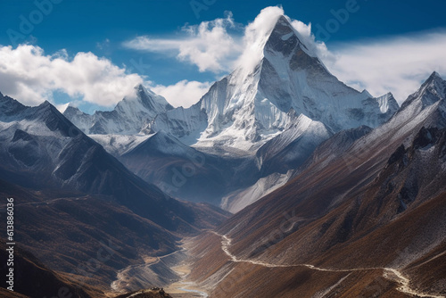 View of Ama Dablam over Solukhumbu valley, Himalayas Nepal.Image ai generate photo