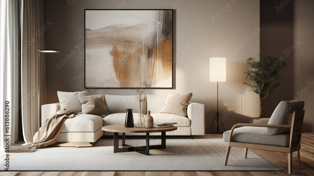 Stylish Interior with an Abstract Mockup Frame Poster, Modern interior design, 3D render, 3D illustration Stylish Interior with an Abstract Mockup Frame Poster, Modern interior design, 3D render, 3D illustration