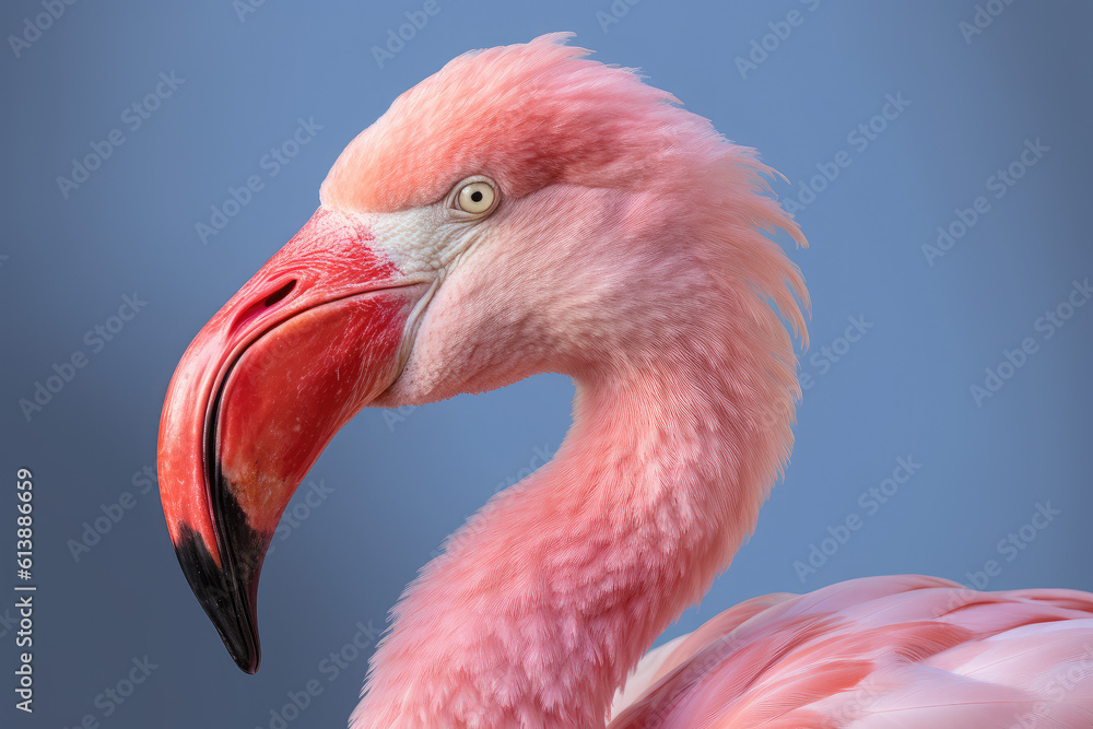 Obraz premium Pink flamingo close up portrait with neutral background. Generative AI.
