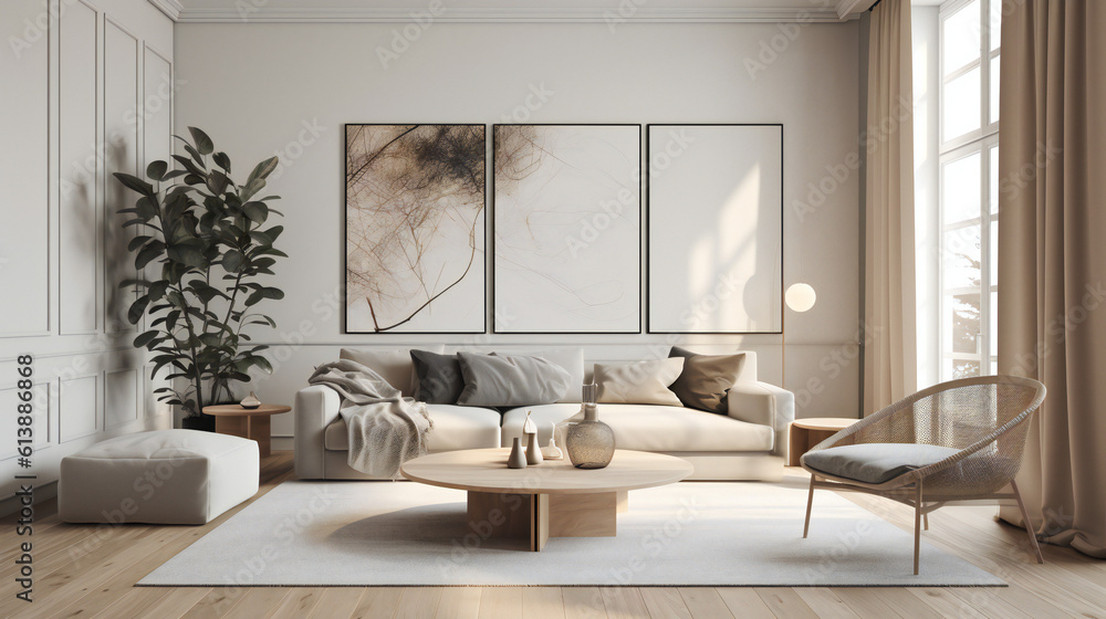 Stylish Interior with an Abstract Mockup Frame Poster, Modern interior design, 3D render, 3D illustration