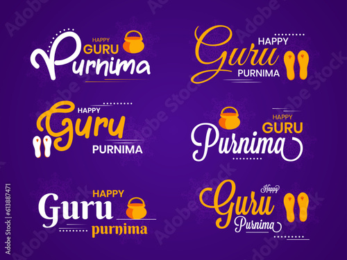 Illustration of Guru Purnima typography badges, emblems and logo type vector design set.
