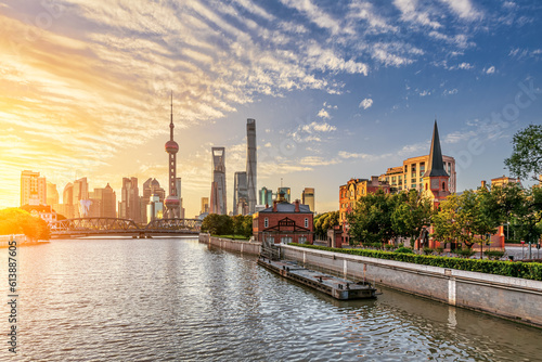 City buildings and beautiful cloud landscape at sunrise in Shanghai  China
