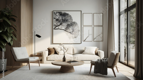 Stylish Interior with an Abstract Mockup Frame Poster, Modern interior design, 3D render, 3D illustration