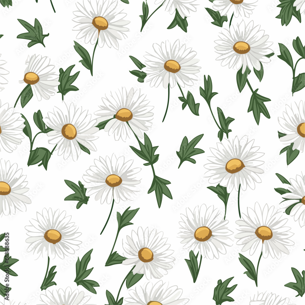 seamless pattern with chamomile flowers and leaves