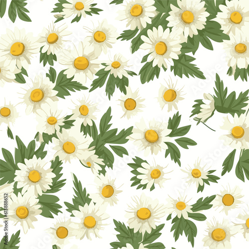 seamless pattern with chamomile flowers and leaves