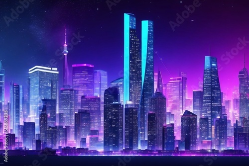 city skyline at night. Unleashing the Power of Big Data Illuminated City Skyline Explores Urban Innovation and Sustainability.Smart city and big data concept. Futuristic cityscape at night with neon c © Ruwan