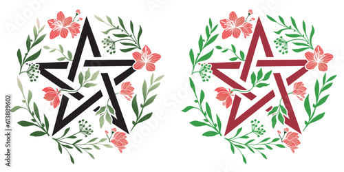Black pentagram with pattern, decorated with blooming flower with leaves on white background. Wiccan symbol. Vector isolated