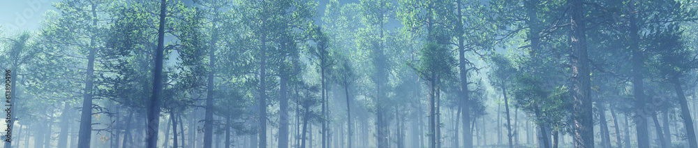 Fototapeta premium Forest in the morning in a fog in the sun, trees in a haze of light, glowing fog among the trees, 3D rendering