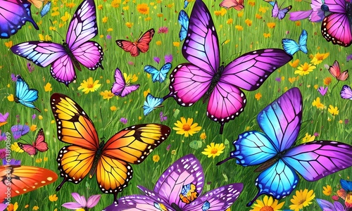 Colorful flower meadow in summer. Multicolored butterflies. crisp focus  digital drawing  Generative AI  Generative  AI