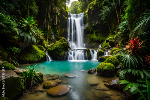 waterfall in the forest  Blue natural water source