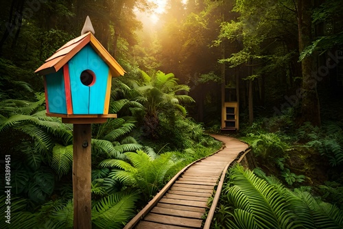 A beautiful and colorful birdhouse in a forest © Being Imaginative