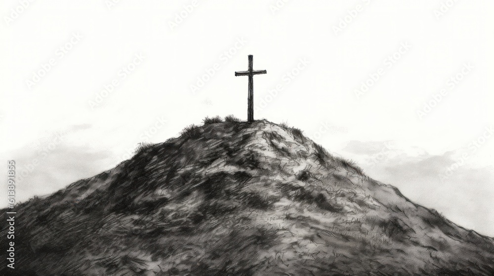 Handsketch drawing of cross on top of hill Handsketch drawing of cross on top of hill