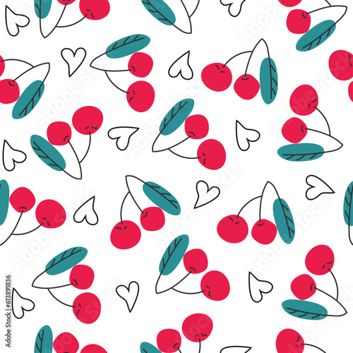 Modern cherry pattern. Cute cartoon cherries and hearts isolated on white background. Red bright juicy berries. Hand drawing