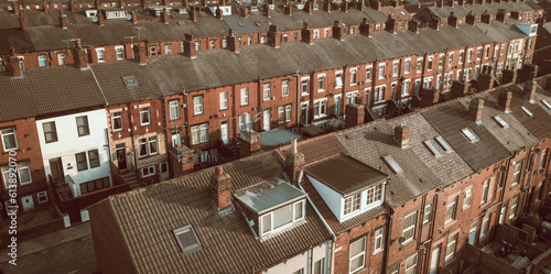 Aerial view above rows of back to back terraced houses photo