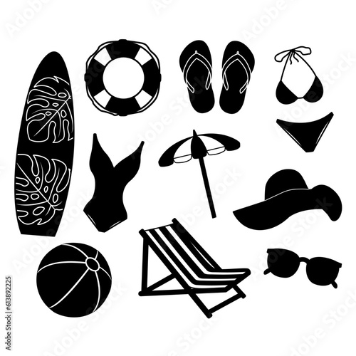Set Black Icons Summer Vacation Accessories. Vector Illustration of Swimwear, Hat, Sunglasses, Flip Flops, Beach Umbrella, Deck Chair, Lifebuoy, Surfboard, Inflatable Ball