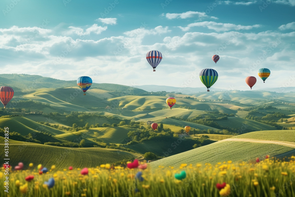 Obraz premium Illustration of note air balloons floating over a beautiful landscape. Generative AI. 