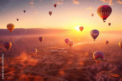 Illustration of note air balloons floating over a beautiful landscape. Generative AI. 