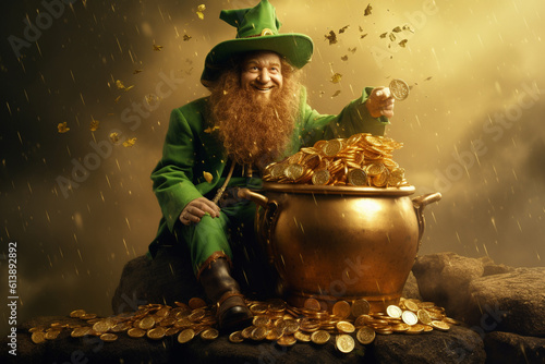 Illustration of a cartoonish leprechaun with his pot of gold. Generative AI. 