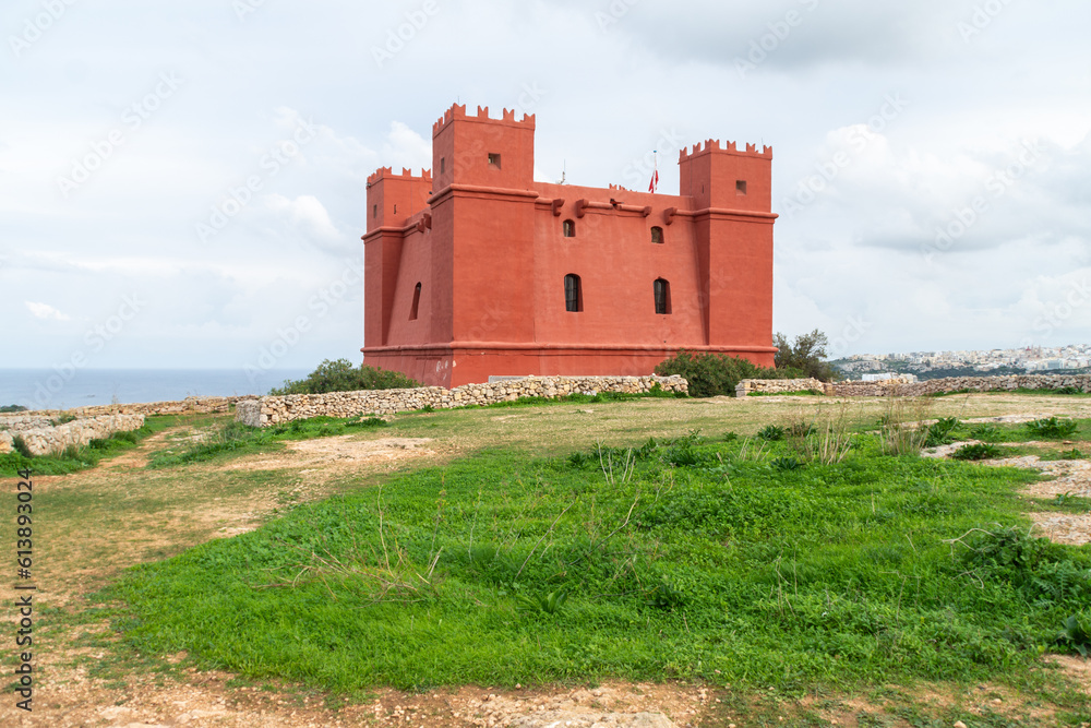 Saint Agatha's Tower known as the Red Tower built in 1649 by the Knights of Saint John. - Mellieha, Malta. Saint Agatha's Tower known as the Red Tower built in 1649 by the Knights of Saint John. - Mellieha, Malta.