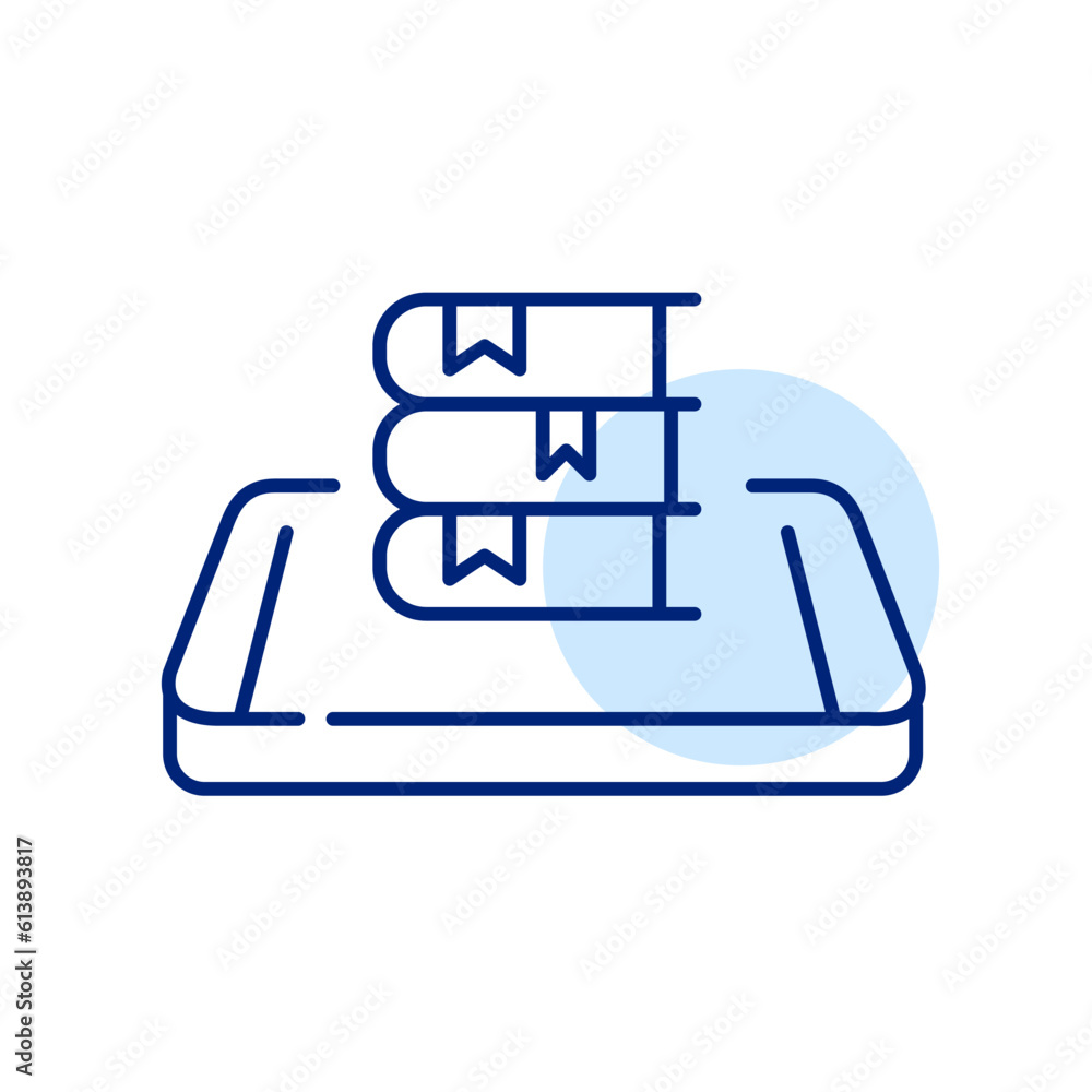Digital library access. Stack of books on isometric smartphone. Pixel perfect, editable stroke simple icon Digital library access. Stack of books on isometric smartphone. Pixel perfect, editable stroke simple icon